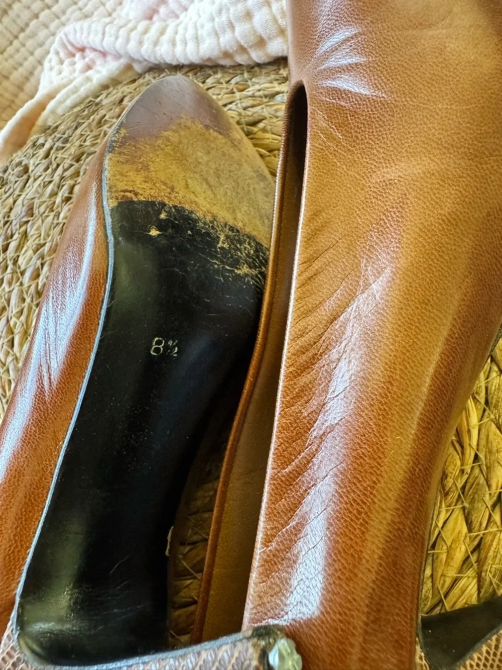 Vtg Stuart Weitzman Cognac Brown Leather Pointed-Toe Flats with snakeskin Heel - Picture 3 of 8